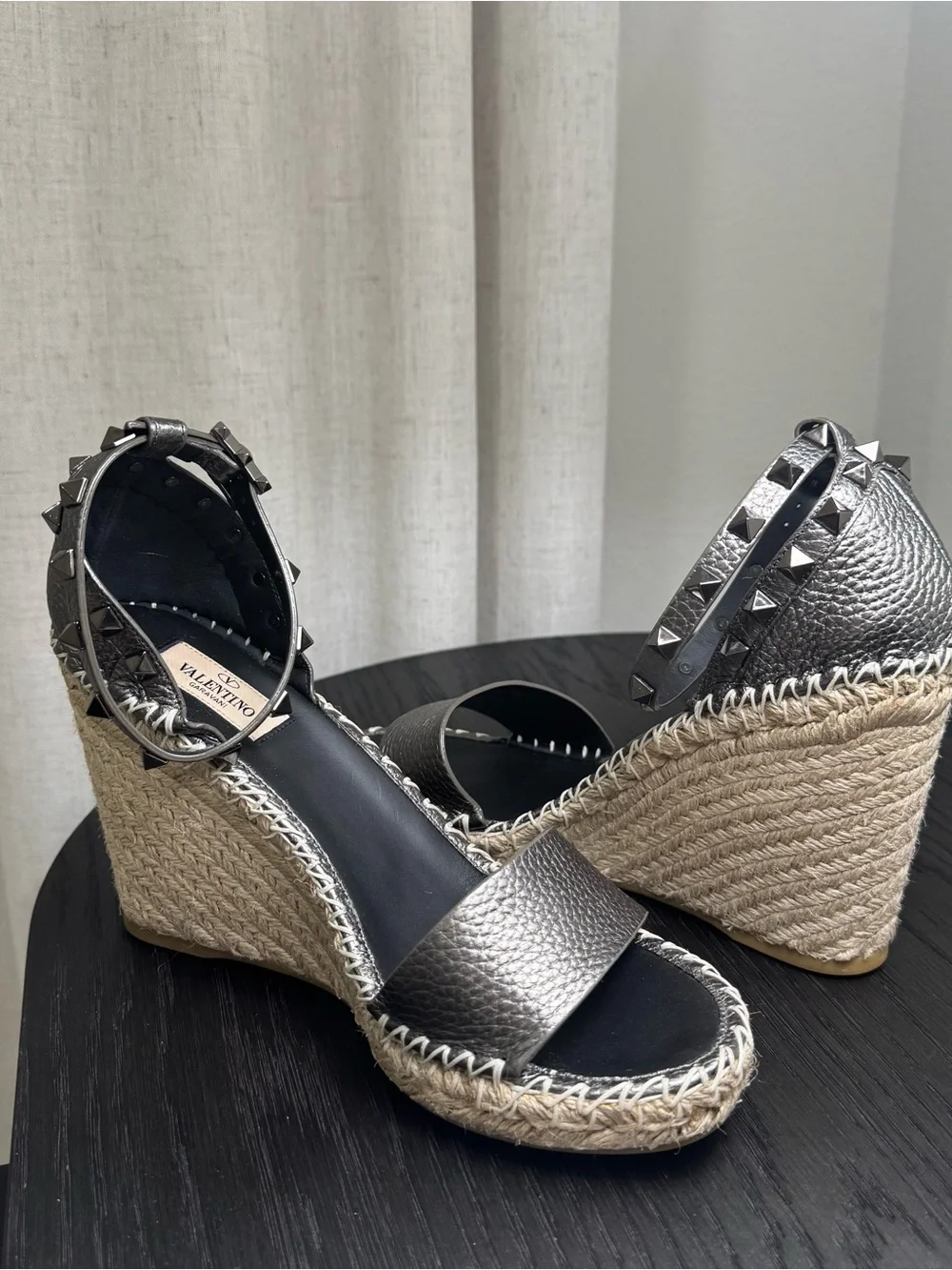 Valentino Garavani Rockstud Espadrille Wedge Sandals Silver Gray 39